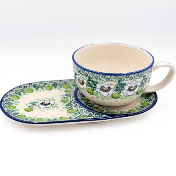 Filiżanka z Talerzem na Ciastko Zielone Kwiaty Bolesławiec