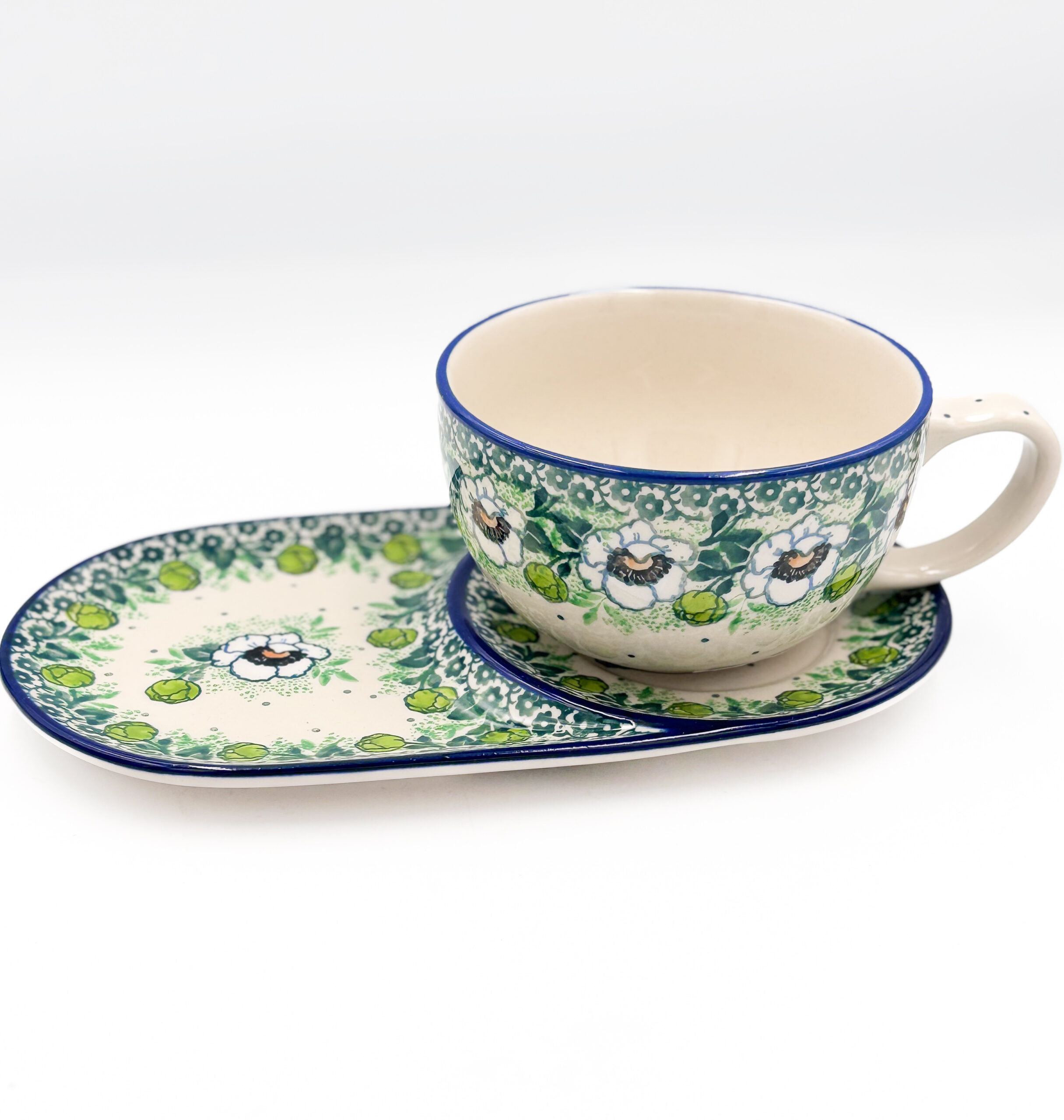 Filiżanka z Talerzem na Ciastko Zielone Kwiaty Bolesławiec